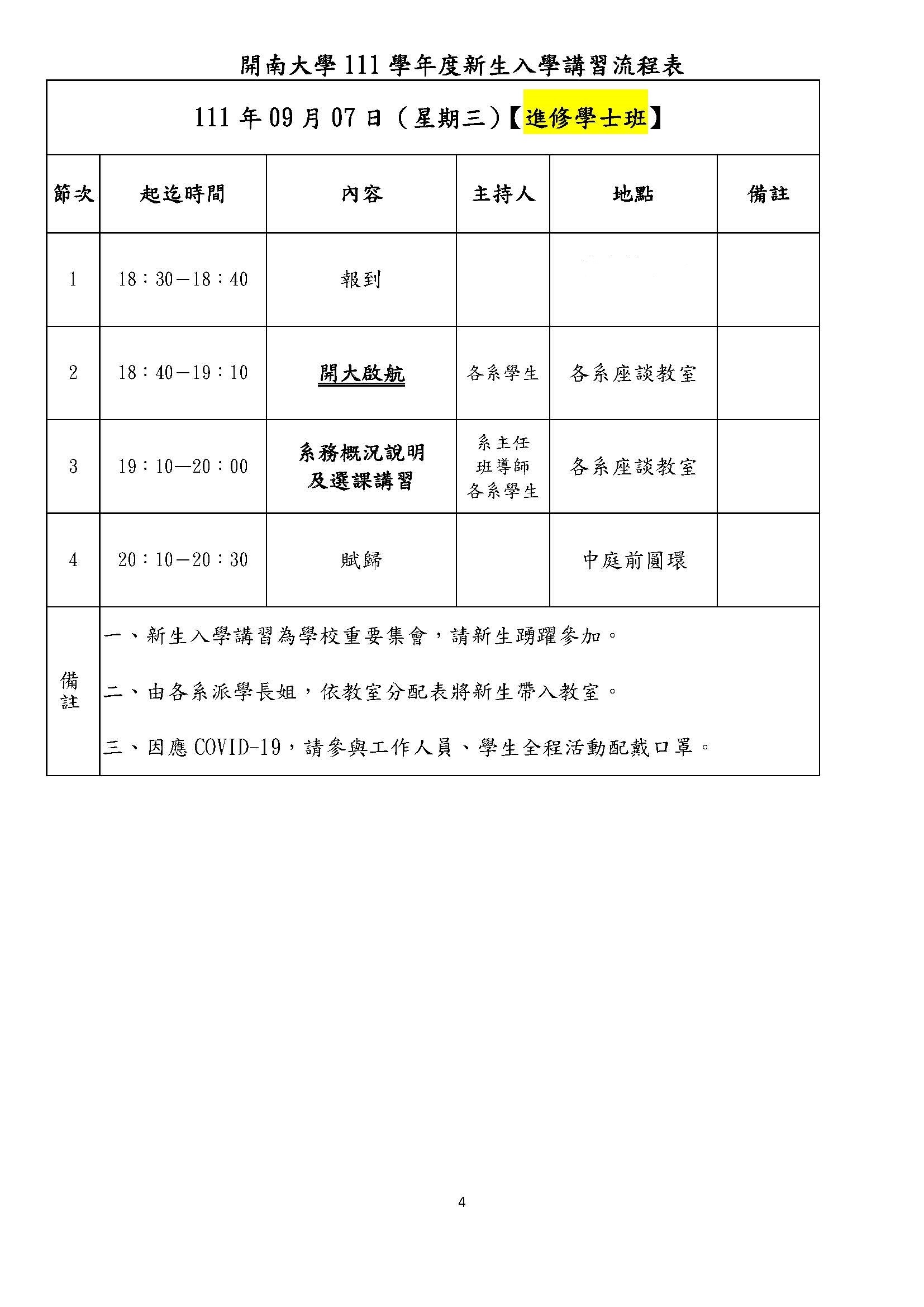 日間部新生入學講習流程